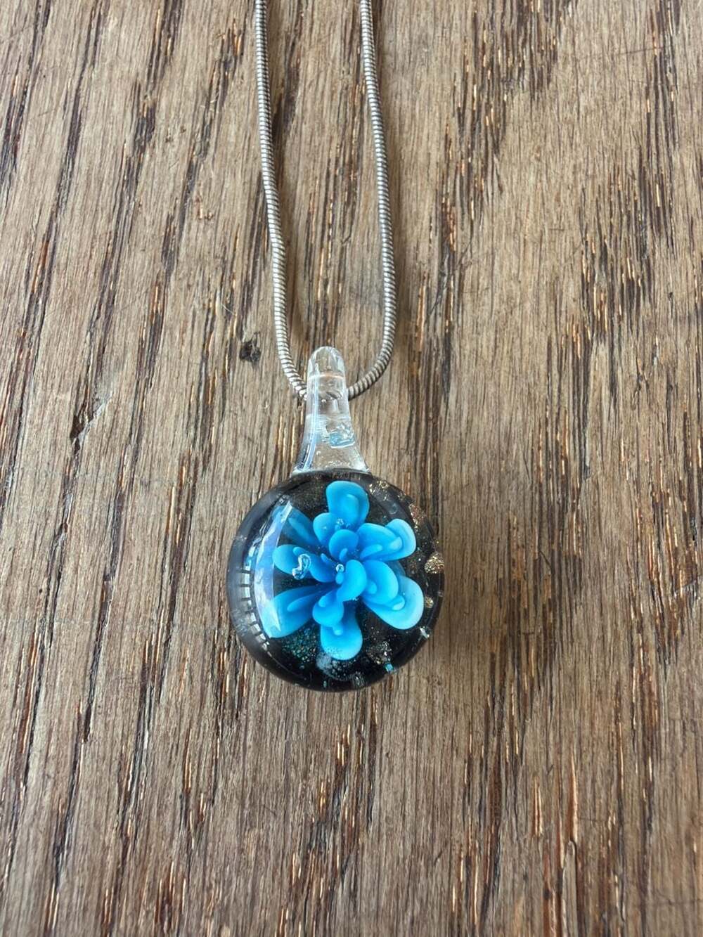 Lampwork Art Glass Blue Flower Pendant Necklace with Sterling Silver Chain (#s00